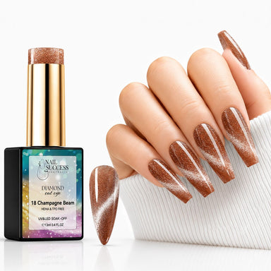 Champagne Beam HEMA- and TPO-free Diamond Cat Eye Gel Polish with matching champagne-bronze magnetic manicure and nail swatch – Nail Success Australia