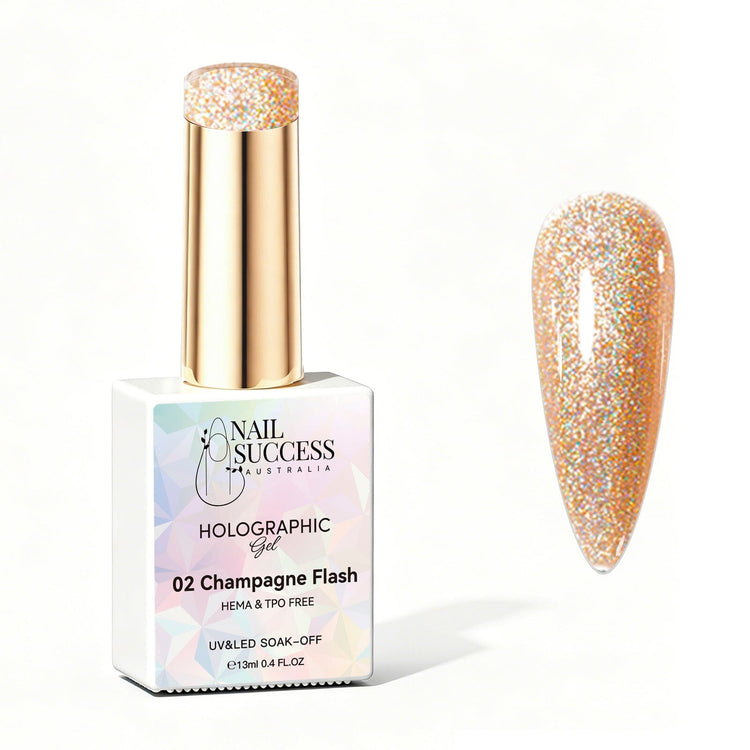 Nail Success Australia Champagne Flash holographic gel polish bottle with glossy champagne gold nail colour swatch