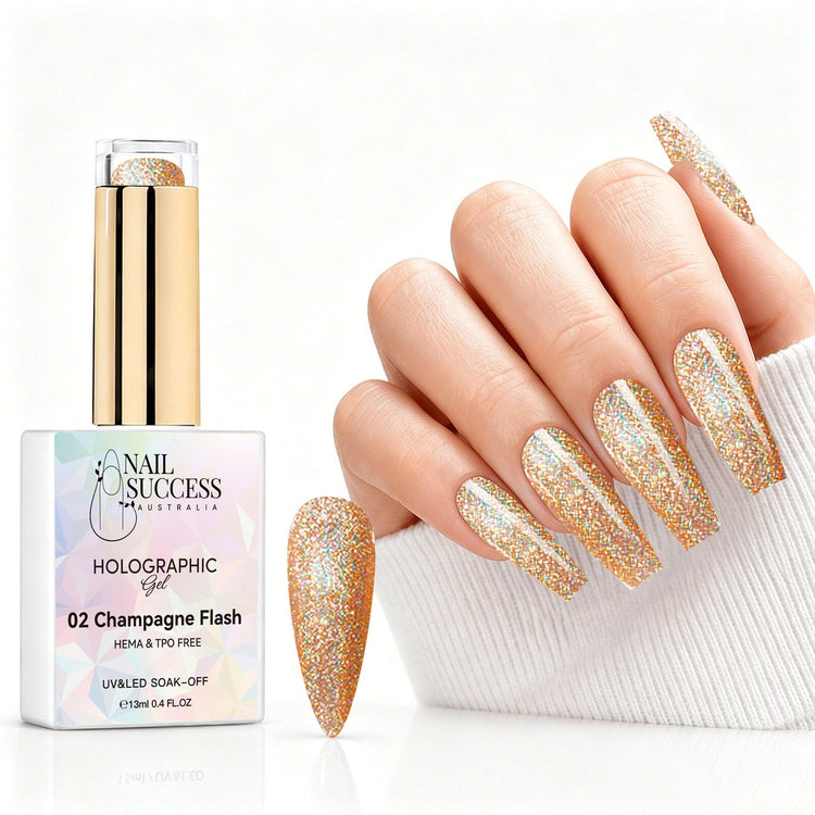 Champagne Flash holographic gel polish with champagne gold glitter swatch and matching manicure for HEMA and TPO free salon nails