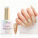 Champagne Flash holographic gel polish with champagne gold glitter swatch and matching manicure for HEMA and TPO free salon nails