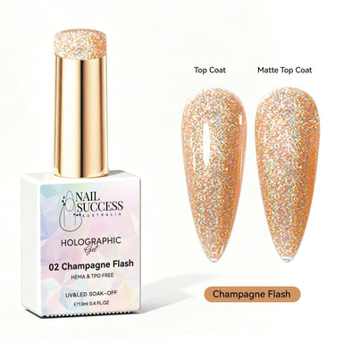Nail Success Australia Champagne Flash holographic gel polish with top coat and matte top coat swatches