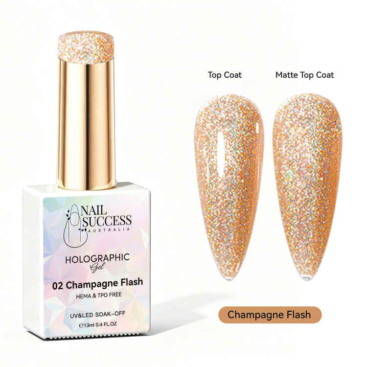 Nail Success Australia Champagne Flash holographic gel polish with top coat and matte top coat swatches