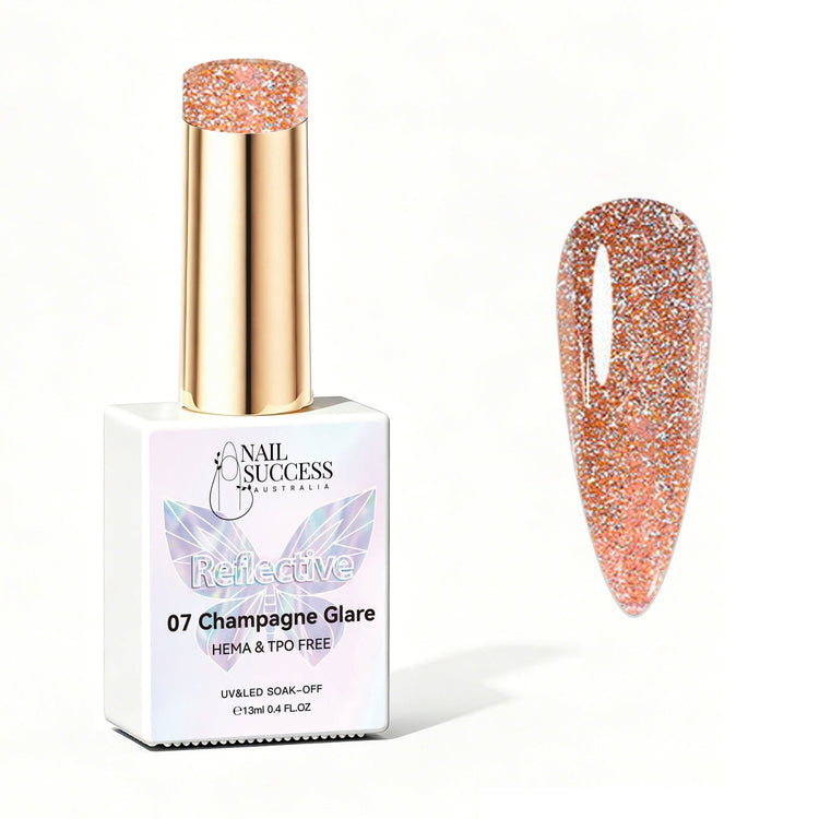 Nail Success Australia Champagne Glare reflective glitter gel polish bottle with glossy champagne nail colour swatch