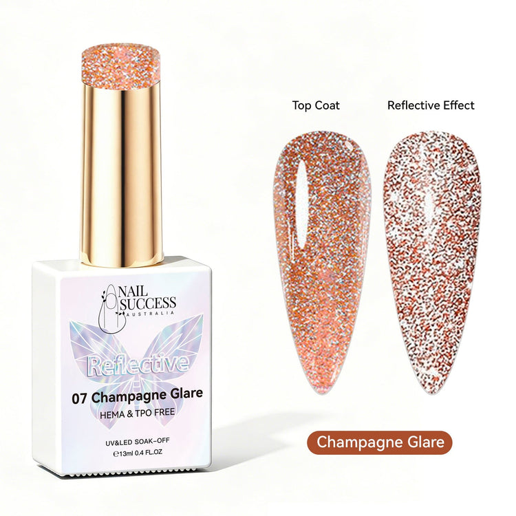 Nail Success Australia Champagne Glare reflective glitter gel polish with top coat and reflective effect swatches