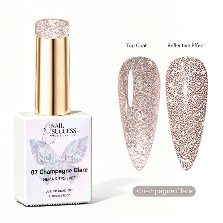Nail Success Australia Champagne Glare reflective glitter gel polish with top coat and reflective effect swatches