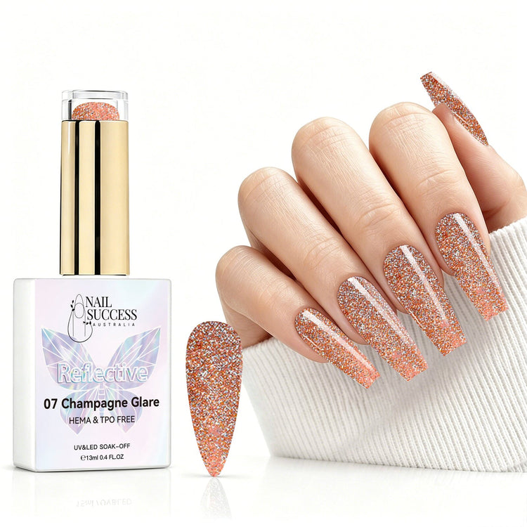 Champagne Glare reflective gel polish with champagne peach glitter swatch and matching manicure for HEMA and TPO free salon nails
