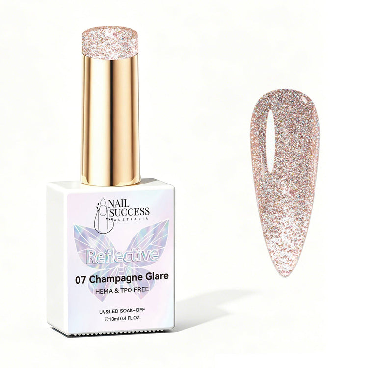 Nail Success Australia Champagne Glare reflective glitter gel polish bottle with glossy champagne nail colour swatch