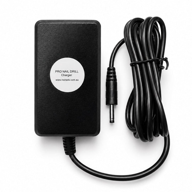 Black professional nail drill charger with round connector plug and coiled power cord for compatible electric nail drills and salon manicure equipment