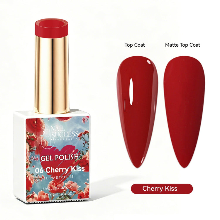 Nail Success Australia Cherry Kiss red gel polish with glossy and matte red nail colour swatches