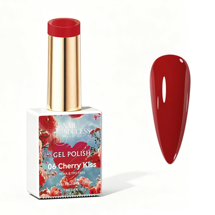 Nail Success Australia Cherry Kiss red gel polish bottle with glossy red nail colour swatch