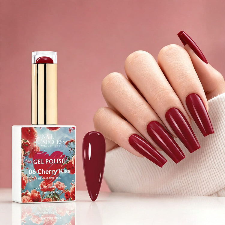 NSI Australia Cherry Kiss deep red gel polish with glossy burgundy manicure and swatch, shade 06