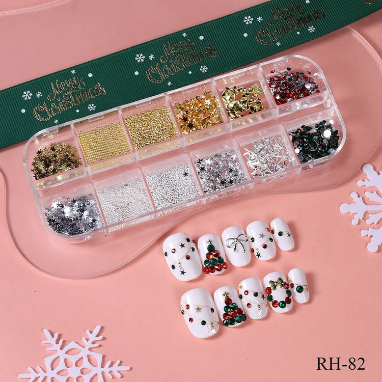 Christmas 3D nail charms tray RH-82 — mixed rhinestones, beads and star glitter for holiday nail art with sample designs
