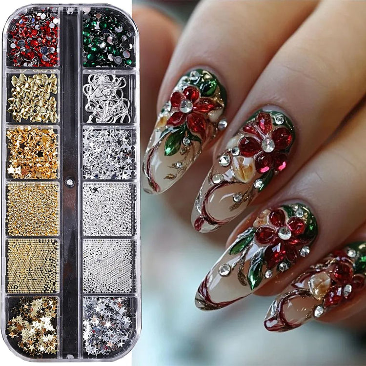 Christmas 3D nail charms tray — rhinestones, studs and star glitter mix, shown with red and green holiday nail art design