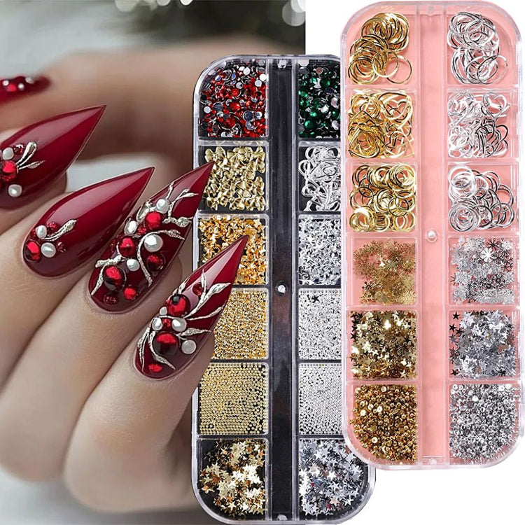 Christmas 3D nail charms duo pack trays with gold and silver studs, rings, stars and rhinestones beside red nail art