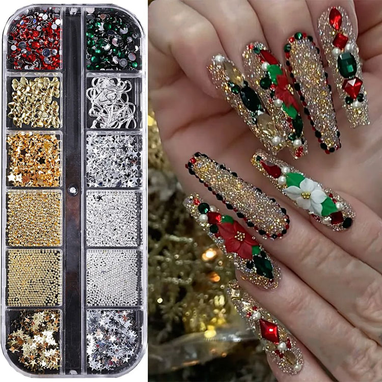 Christmas 3D nail charms tray (RH-82) with red & green rhinestones, gold studs and silver snowflake sequins