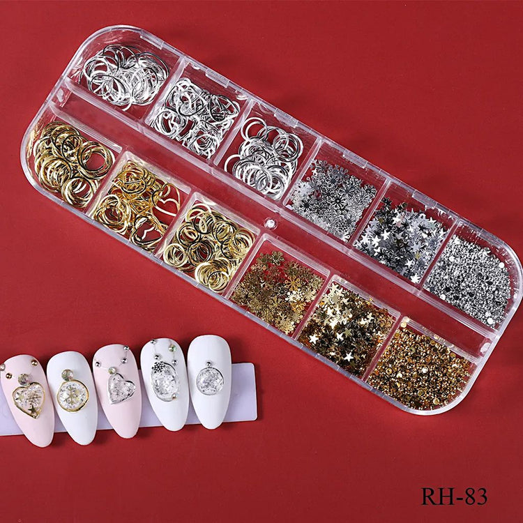 Christmas 3D nail charms tray RH-83 — gold and silver rings, rhinestones and star glitter for holiday nail art