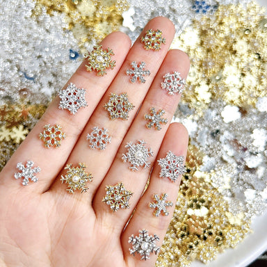 Gold and silver rhinestone snowflake nail charms 2pcs for Christmas 3D nail art and festive salon manicure designs