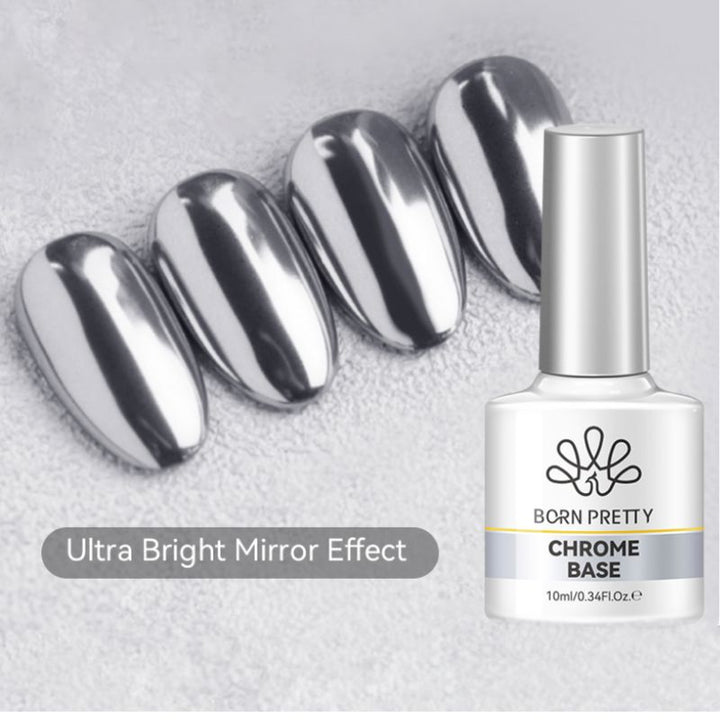Born Pretty chrome mirror base coat 10ml bottle beside four silver chrome nail tips