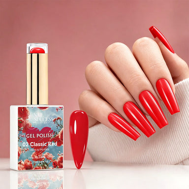 NSI Australia Classic Red gel polish with glossy red manicure and swatch, shade 02