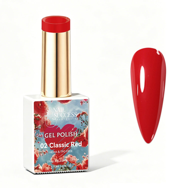 Nail Success Australia Classic Red gel polish bottle with glossy red nail colour swatch