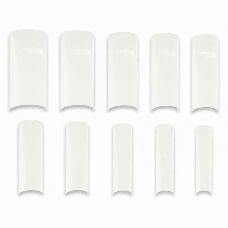Classic white square nail extension tips displayed in 10 sizes for a precise, professional fit