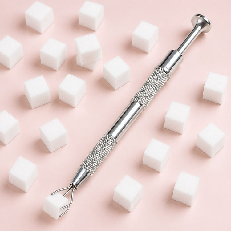 Stainless steel claw grabber tool with 50 white cube sponges for nail cleaning and manicure preparation