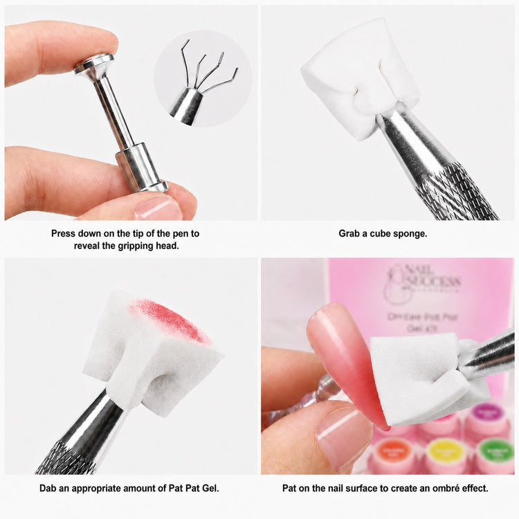 Stainless steel claw grabber tool step-by-step guide for holding cube sponges and creating ombre nail art designs