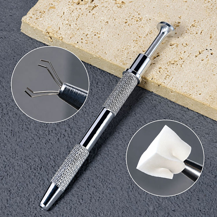 Stainless steel claw grabber tool with textured grip for holding mini cube sponges and nail art accessories