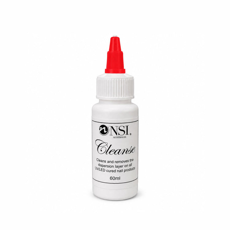 A 60ml white plastic bottle of NSI Cleanse nail product with a red applicator cap