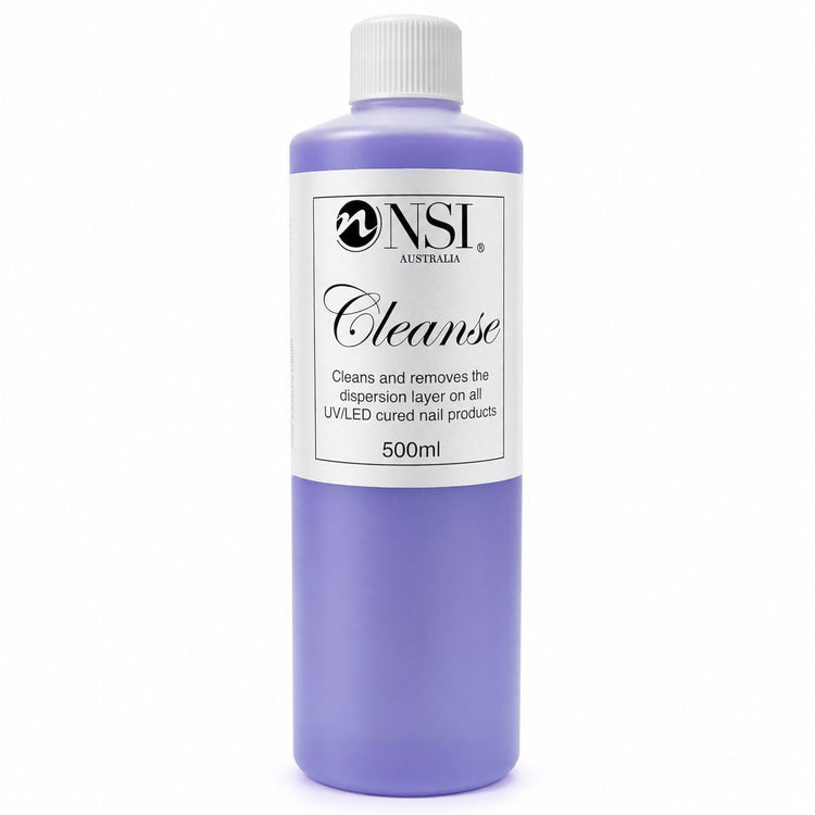 A 500ml bottle of NSI Australia Cleanse LED UV nail polish cleanser. Cleans and removes the dispersion layer on all LED UV cured nail products.