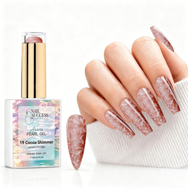 Cocoa Shimmer aurora pearl gel polish with cocoa brown pearl shimmer swatch and matching manicure for HEMA and TPO free salon nails