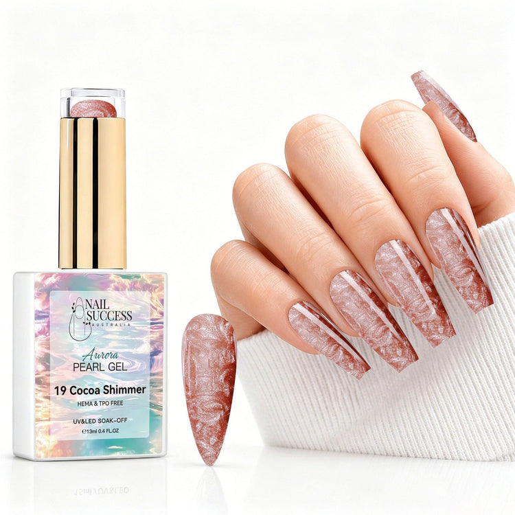 Cocoa Shimmer aurora pearl gel polish with cocoa brown pearl shimmer swatch and matching manicure for HEMA and TPO free salon nails