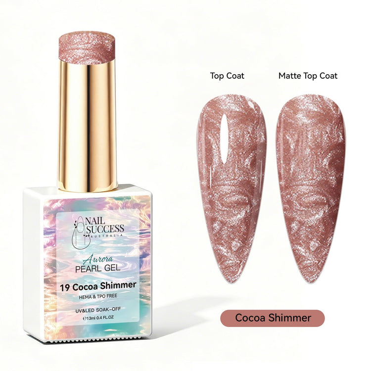 Nail Success Australia Aurora Pearl Gel in Cocoa Shimmer, shown with glossy and matte warm cocoa pearl shimmer swatches for soak-off gel polish manicures