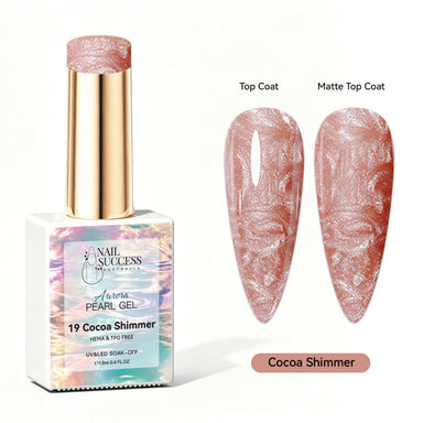 Nail Success Australia Aurora Pearl Gel in Cocoa Shimmer, shown with glossy and matte warm cocoa pearl shimmer swatches for soak-off gel polish manicures