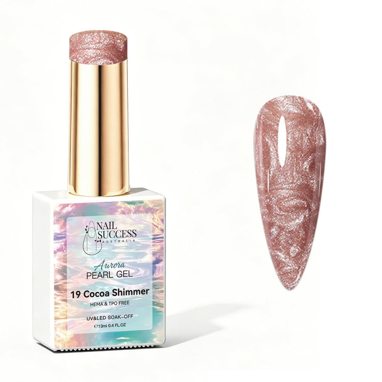 Nail Success Australia Aurora Pearl Gel in Cocoa Shimmer, shown with warm cocoa pink pearl shimmer swatch and glossy soak-off gel polish finish
