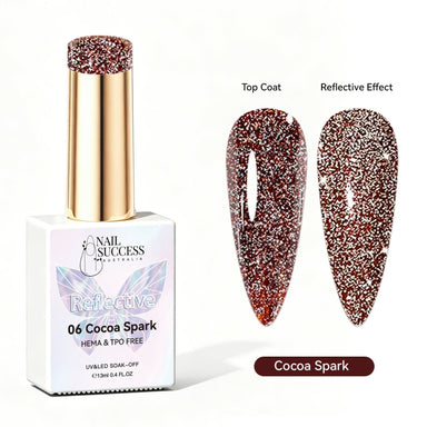 Nail Success Australia Cocoa Spark reflective glitter gel polish with top coat and reflective effect swatches