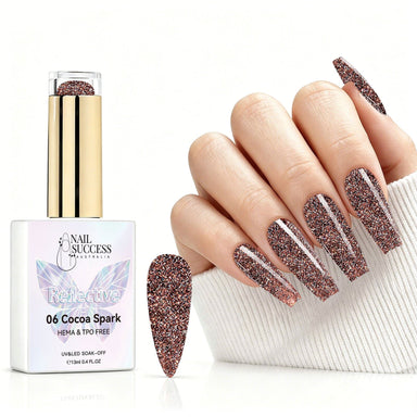 Cocoa Spark reflective gel polish with brown glitter swatch and matching manicure for HEMA and TPO free salon nails