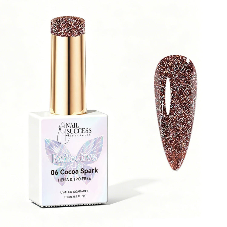 Nail Success Australia Cocoa Spark reflective glitter gel polish bottle with glossy cocoa nail colour swatch