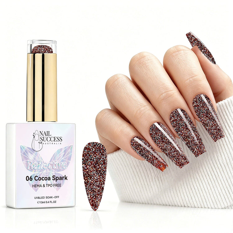 Cocoa Spark reflective gel polish with brown glitter swatch and matching manicure for HEMA and TPO free salon nails