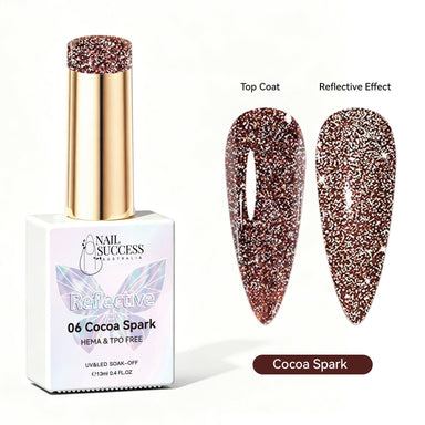 Nail Success Australia Cocoa Spark reflective glitter gel polish with top coat and reflective effect swatches