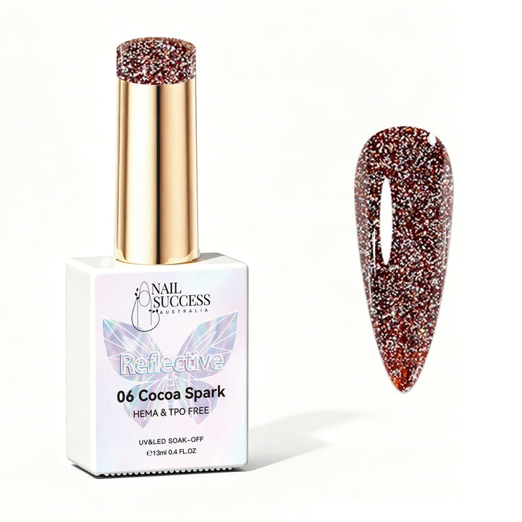 Nail Success Australia Cocoa Spark reflective glitter gel polish bottle with glossy cocoa nail colour swatch