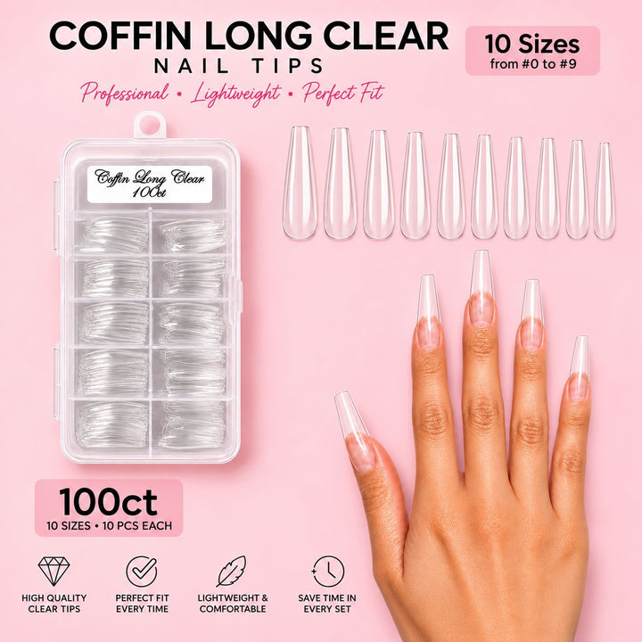 Coffin Long Clear nail tips, 100ct tray with 10 sizes from 0 to 9