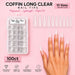 Coffin Long Clear nail tips, 100ct tray with 10 sizes from 0 to 9