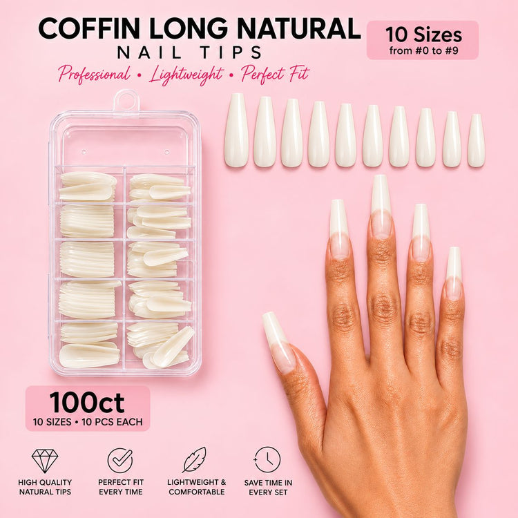 Coffin Long Natural nail tips, 100ct tray with 10 sizes from 0 to 9