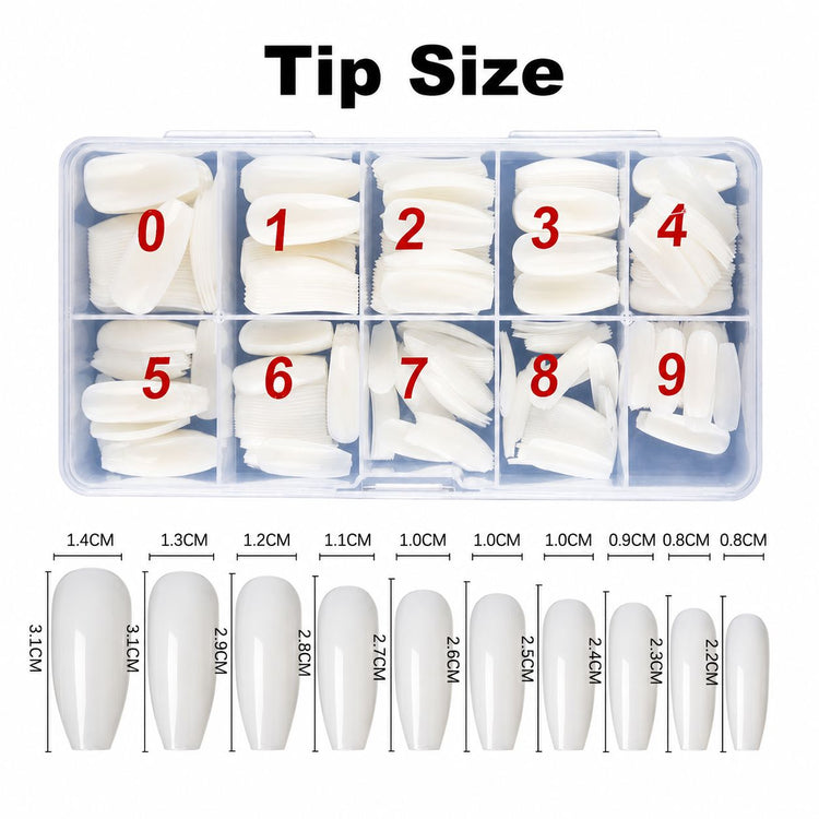 NSI Coffin Nail Tips size chart, sizes 0 to 9 with 0.8cm to 1.4cm width measurements