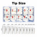 NSI Coffin Nail Tips size chart, sizes 0 to 9 with 0.8cm to 1.4cm width measurements