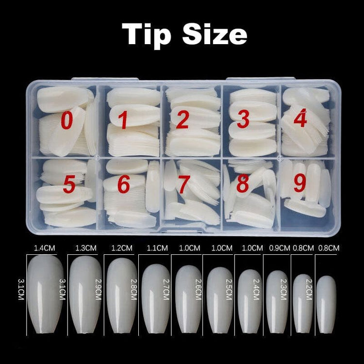 Tip size chart of NSI Australia coffin nail tips—10 sizes 0–9 in clear storage case
