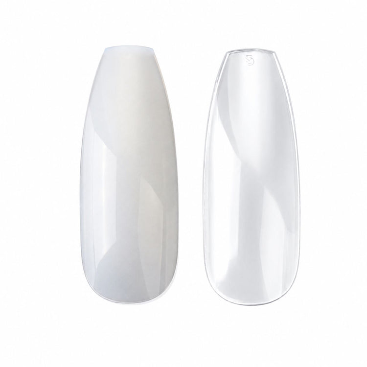 NSI Coffin nail tip in natural and clear shown side by side, close up