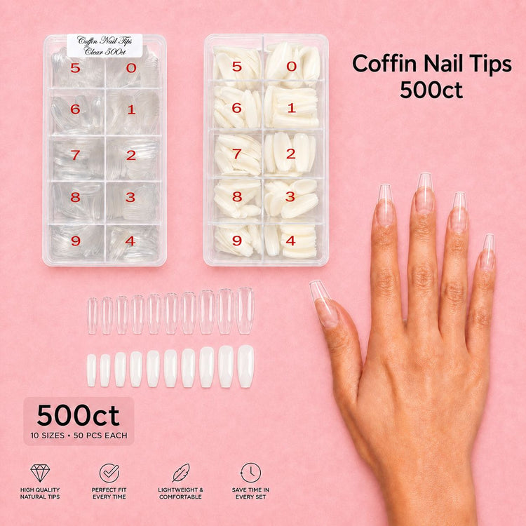 NSI Coffin Nail Tips 500ct tray, 10 sizes with 50 pieces each, hand wearing coffin tips