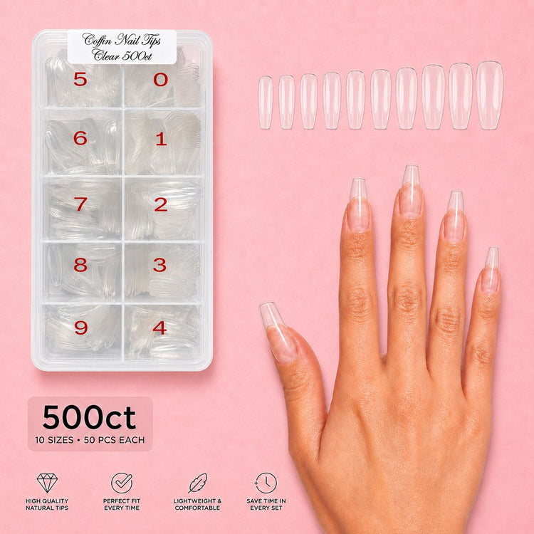 NSI Coffin Nail Tips Clear 500ct numbered tray with hand wearing clear coffin tips